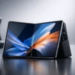 Dispozitiv pliabil Xiaomi prezentat central, într-un cadru editorial de lansare tehnologică, cu produse secundare sugerate în fundal.