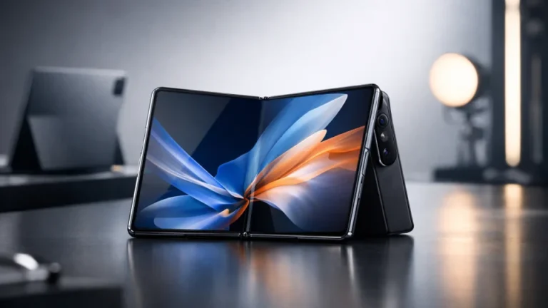Dispozitiv pliabil Xiaomi prezentat central, într-un cadru editorial de lansare tehnologică, cu produse secundare sugerate în fundal.