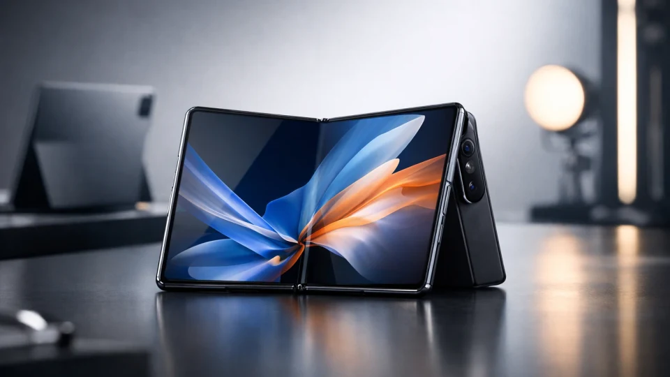 Dispozitiv pliabil Xiaomi prezentat central, într-un cadru editorial de lansare tehnologică, cu produse secundare sugerate în fundal.